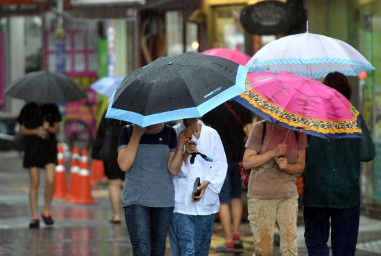부산시민들이 15일 동구의 한 거리에서 우산을 쓰고 발걸음을 재촉하고 있다. 뉴시스