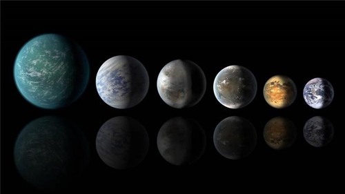 지구와 비교한 외계행성 크기. 좌측부터 케플러-22b, 69c, 452b, 62f, 186f, 지구. [출처:미국항공우주국/제트추진연구소-캘리포니아공대]