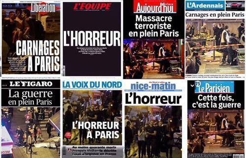 지난 2015년 프랑스 파리테러 관련 주요신문 1면 기사. 출처=EPA연합