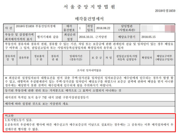 서울중앙지법 사건번호 2018타경1859 매각물건명세서. 공유자가 매수보증금을 미납하는 경우 우선매수권을 행사할 수 없다고 나와있다. /신한옥션SA