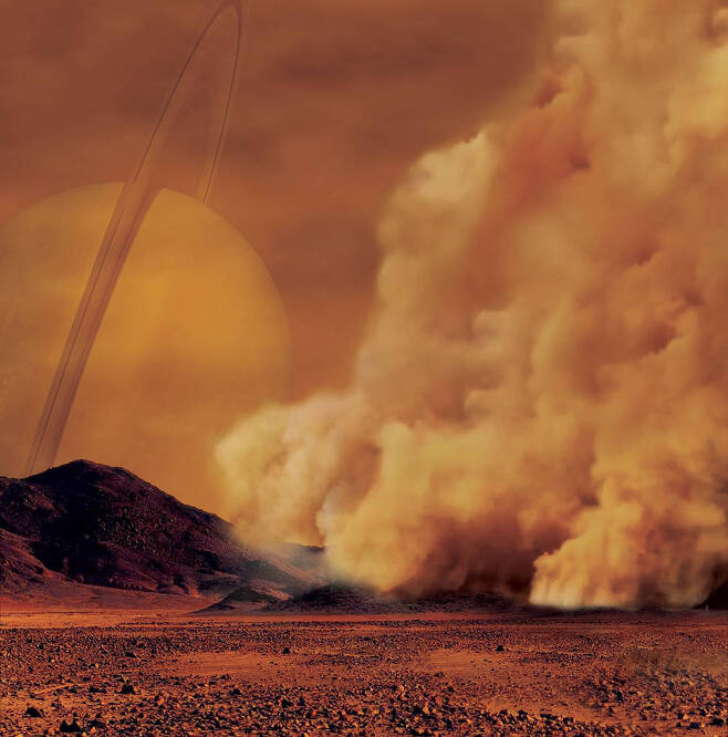 타이탄의 모래폭풍을 상상한 그래픽(출처=IPGP/Labex UnivEarthS/University Paris Diderot – C. Epitalon & S. Rodriguez)