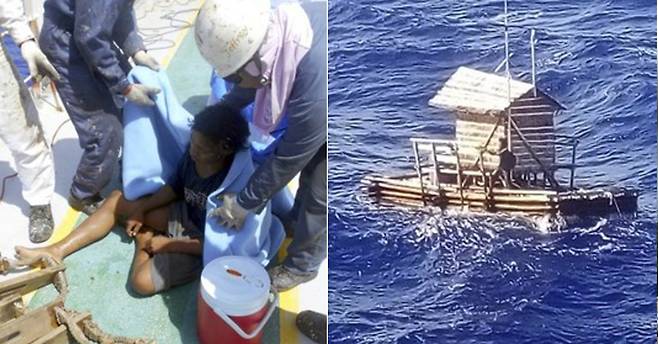 49일 동안 해상에서 표류하다 구조된 인도네시아 청년 알디 노벨 아딜랑(왼쪽)과 괌 인근 해상에서 발견될 당시 아딜랑의 모습. 그는 오두막 형태의 목제 뗏목 '롬퐁'에 타고 있었다. [AP=연합뉴스]
