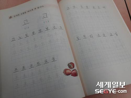 쓰기 교과서 일부 페이지. 네모 칸 안에 균형을 맞춰 철자를 연습하게 되어 있다. 한국교과서연구재단의 협조로 사진 촬영.