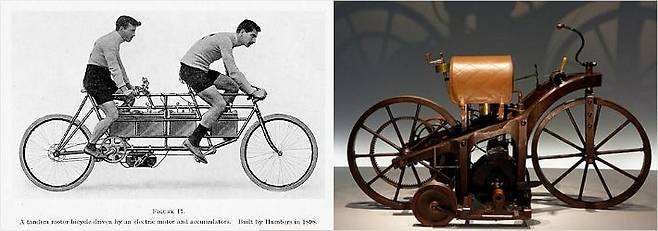 축전지 발명 이후 전동 스쿠터의 초기 모델들. 대부분 자전거를 이용해 훗날 오토바이로 진화했다.