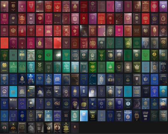 색깔별로 구분한 각국의 여권 표지. [패스포트 인덱스 캡처]