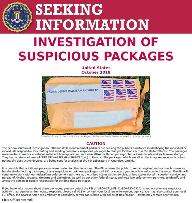 미국 연방수사국(FBI)이 25일 공개한 폭발물 발송자 추적을 위한 시민의 도움을 요청하는 포스터. AP 연합뉴스