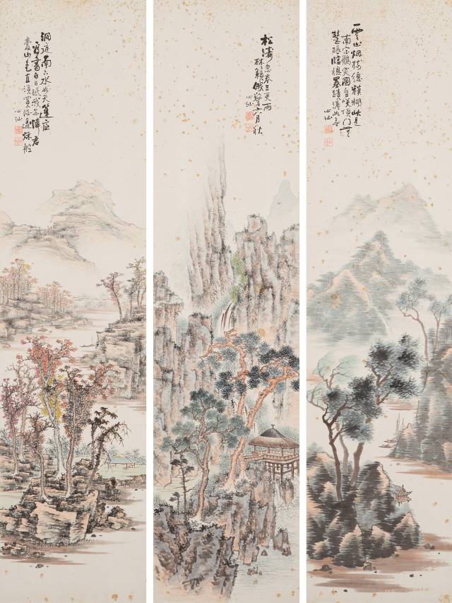 심산 노수현의 ‘사계산수도’ 중 일부. 총 10폭의 병풍그림을 동료인 청전 이상범과 5폭씩 나눠 그렸고 스승 안중식이 시를 적었다. 1917년작, 그림 각 132x32cm /사진제공=국립현대미술관