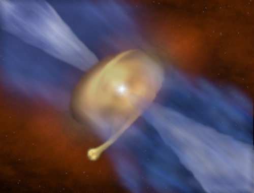 대형 별(MM 1a)의 먼지·가스 원반 밖에서 작은 별(MM 1b)이 만들어지는 상상도 [존 일리/리즈대학 제공]