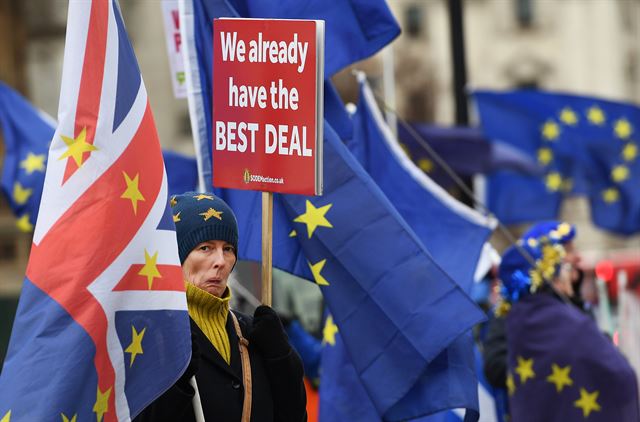 브렉시트에 반대하는 친 유럽연합(EU) 성향 시위대가 18일 영국 런던 의회건물 앞에서 시위를 벌이고 있다. 런던=EPA 연합뉴스