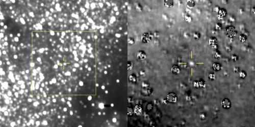 뉴허라이즌스가 전송한 울티마 툴레 사진. 오른쪽은 박스부분을 확대한 것이다. [NASA/SwRI 제공]