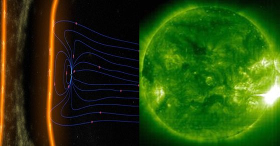 지구 자기장은 철 성분의 유체로 돼 있는 외핵이 움직이며 형성된다. 자기장은 태양으로부터 날아오는 고에너지 입자를 막아주는 역할을 한다. 파란색 부분 중앙이 지구(왼쪽)과 태양 폭발 장면(오른쪽) [미국항공우주국(NASA)=연합뉴스]