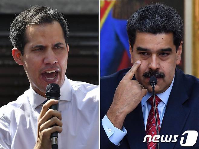 후안 과이도 베네수엘라 국회의장(왼쪽)과 니콜라스 마두로 대통령. © AFP=뉴스1 © News1 강민경 기자