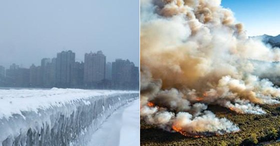 얼어붙은 미국 시카고 미시간 호(왼쪽)과 사상 최악의 폭염으로 불타는 호주 태즈매니아주(州) 삼림 [로이터=연합뉴스]