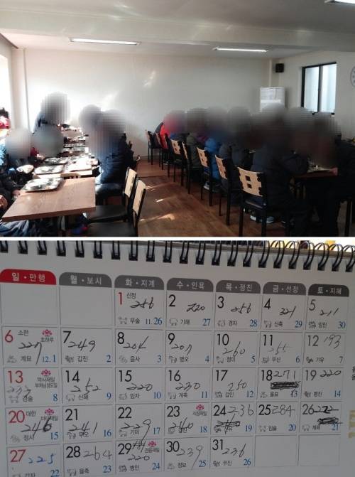 밥 먹는 사람들(사진 위)과 1월 배식 건수.