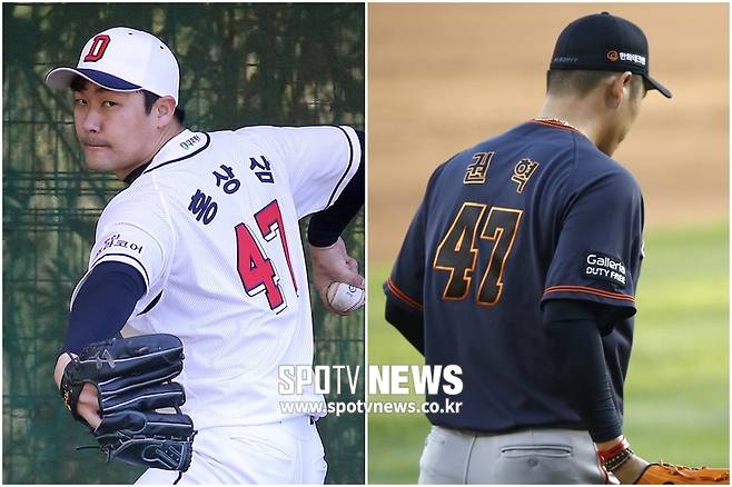 ▲ 두산 베어스 홍상삼(왼쪽)은 47번을 유지했다. 새로 합류한 권혁은 8번으로 등번호를 바꾼다. ⓒ 두산 베어스, 한희재 기자