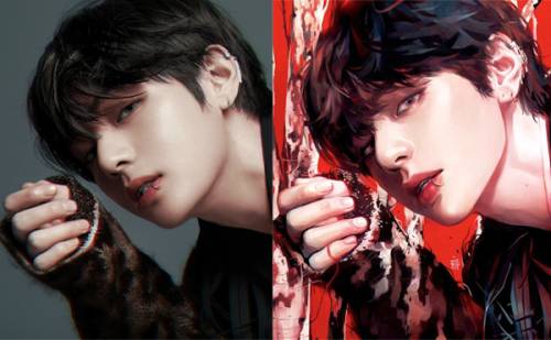 방탄소년단 뷔 실물 사진과 팬아트 작품(오른쪽).
