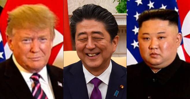 왼쪽부터 도널드 트럼프 미국 대통령, 아베 일본 총리, 김정은 북한 국무위원장. [연합뉴스]