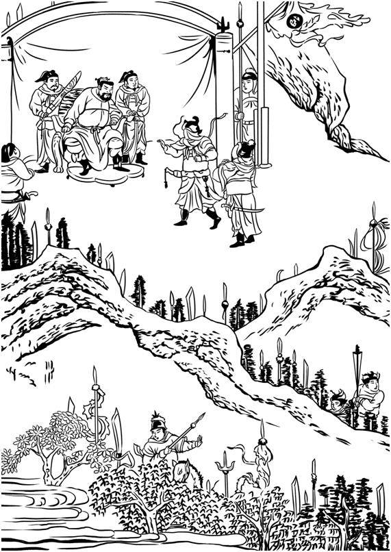 구리산(九里山) 십면매복(十面埋伏) 작전을 그린 장면. 유방은 항우를 잡기 위해 사방을 둘러싸는 전술을 구사했는데, ‘사면초가(四面楚歌)’란 말은 여기서 유래했다. 유방의 승리로 끝난 전쟁은 사실상 이 전투에서 결정됐다. 교유서가 제공.