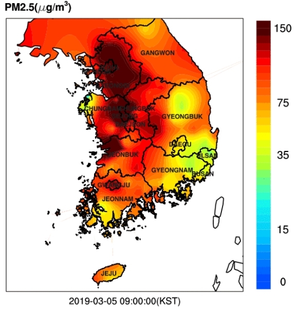 5일 오전 9시 기준 전국 초미세먼지 농도 분포. 한국환경공단 에어코리아