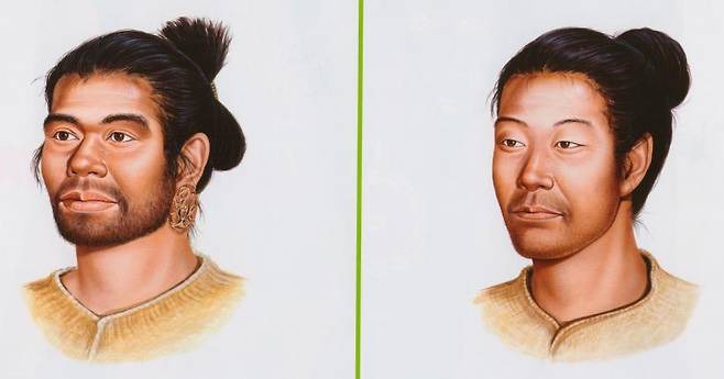 일본 선주민인 조몬인(왼쪽)과 한반도에서 건너간 이주민인 야요이인(오른쪽)의 얼굴. 일본국립역사민속박물관