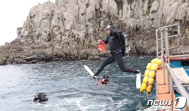 14일 서귀포시 보목동 섶섬 인근에서 다이버가 수중정화활동을 하기 위해 물 속에 뛰어들고 있다. 2019.03.17/뉴스1 © 뉴스1