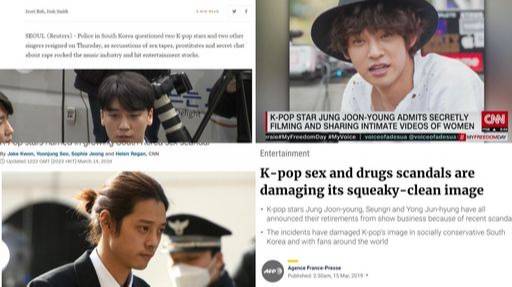 지난 14일 주요 외신은 빅뱅 전 멤버 승리(본명 이승현)과 가수 정준영 등이 동시에 피의자 신분으로 경찰 조사를 받은 데 대해 이들을 둘러싼 성 스캔들에 대해 비중있게 보도했다. 위 왼쪽부터 시계 방향으료 로이터, CNN, 사우스차이나모닝포스트, CNN 갈무리