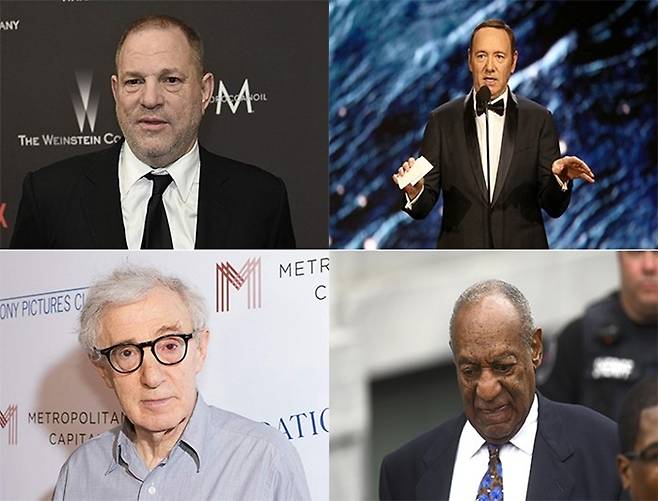 좌측 상단부터 시계방향 하비 와인스타인, 케빈 스페이시, 빌 코스비, 우디 앨런