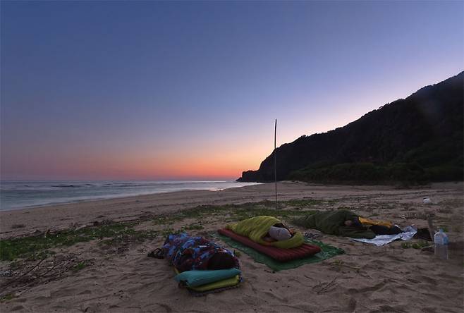 영화 속에서 고질라가 상륙했던 해변에서의 비박