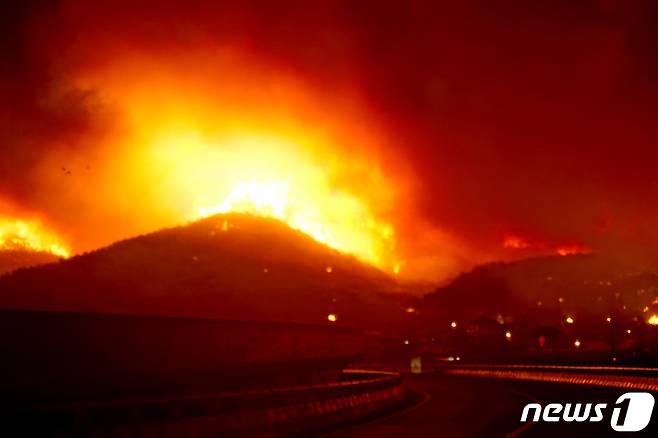 강원지역에 강풍으로 말미암은 산불이 잇달아 발생한 가운데 5일 00시48분쯤 동해시 망상동 인근 야산에서 불이 나 숲을 집어삼키고 있다. 2019.4.5/뉴스1 © News1 서근영 기자