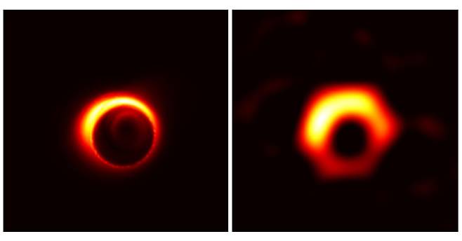 메시에 87 은하의 중심에 있는 블랙홀 시뮬레이션 이미지다. 이번 관측으로 이런 모델 가운데 어떤 것이 정확한지 확인할 수 있게 됐다. 사진 제공 ESO
