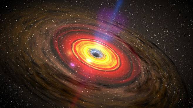 제트를 내뿜는 블랙홀 상상도. 우리은하 중심에서도 거대질량 블랙홀이 발견되었다. (출처=NASA)​