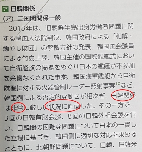 (도쿄=연합뉴스) 한일관계가 매우 엄중한 상황에 직면했다고 표현한 일본 2019년판 외교청서 부분.