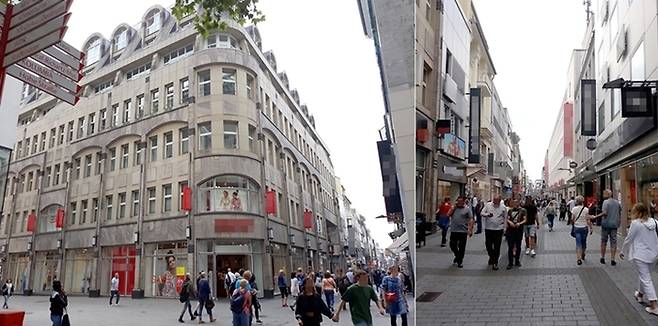 호헤거리의 입구(좌). 맛있어 보이는 빵이 손님을 부르는 듯. 명품가게가 어깨를 맞대고 있고, 가게를 찾는 사람들이 거리를 메운다(우).