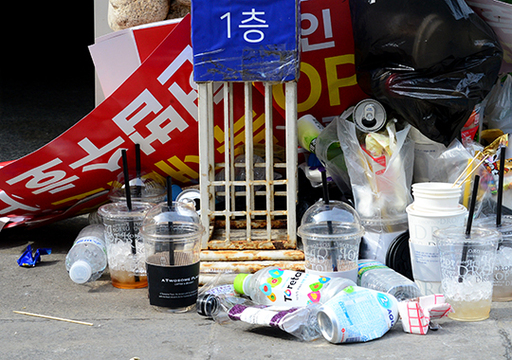 지난 27일 자유한국당 집회가 열린 세종문화회관 인근에는 이날 행사에 사용된 각종 용품이 음식물이 든 일회용 플라스틱 용기와 뒤섞여 분리되지 않은 채 버려져 있었다.