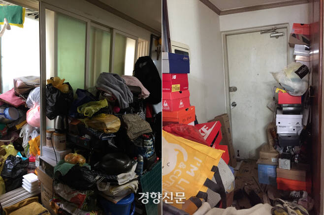 서울 영등포구에 거주하는 김씨 부부의 집. 현관 입구(왼쪽)에 신발 박스가 쌓여 있고 집 곳곳에 옷 무더기가 놓여 있다. / 이하늬 기자