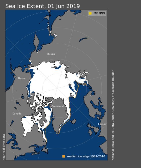지난 1일 기준 북극해 얼음 면적. 평년(1981~2010) 기준인 노란선보다 큰 면적의 해빙이 녹아서 사라졌다. [National Snow and Ice Center 제공]