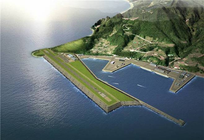 울릉도 공항 조감도. 꺽쇠모양의 방파제부터 매립해 활주로를 만들게 된다. 자료=국토교통부