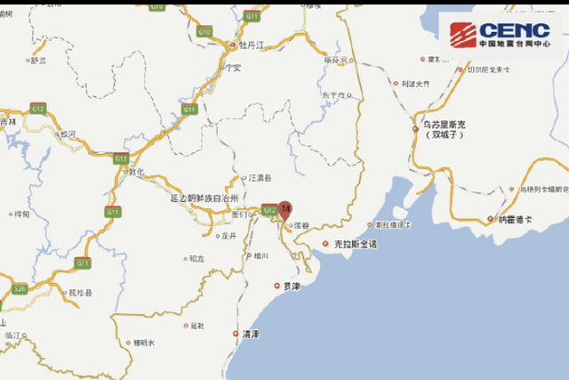 【서울=뉴시스】﻿중국 국가지진국 직속인 국가지진대망(CENC)은 17일 오후 북중러 3국 접경지인 지린성 옌볜조선족자치주 훈춘시에서 규모 1.3의 지진이 발생했다고 밝혔다. <사진출처: CENC>