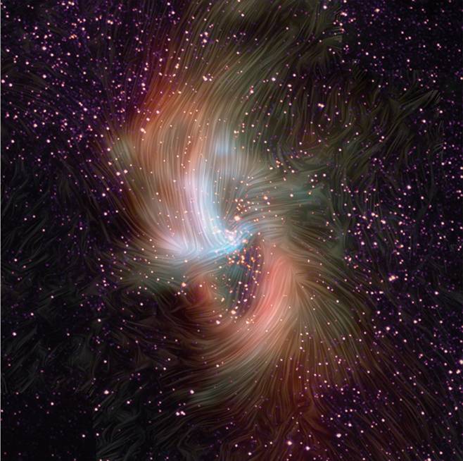우리은하 중심 블랙홀 주변에는 실타래처럼 얽힌 고리 모양의 자기장이 존재해 Y자 형태로 블랙홀로 흡수되는 물질의 흐름을 방해했다. 출처=Dust and magnetic fields: NASA/SOFIA; Star field image: NASA/Hubble Space Telescope)