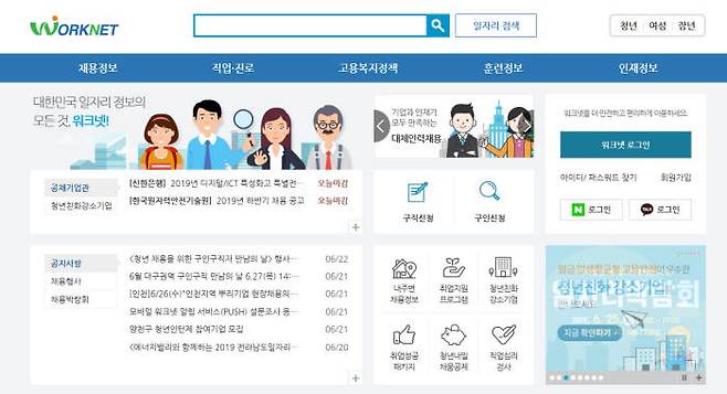 워크넷 메인화면.