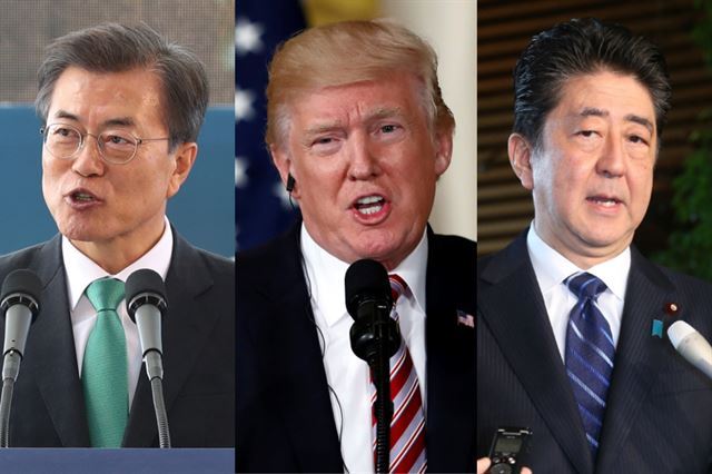 문재인(왼쪽부터) 대통령과 도널드 트럼프 미국 대통령, 아베 신조 일본 총리. 연합뉴스