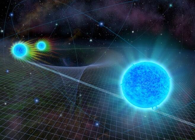 우리은하 중심부에 위치한 초대질량블랙홀(그림에서 깊은 우물처럼 묘사된 시공간 위에 위치)을 도는 별 S0-2의 궤도를 상상한 그림이다.  UCLA 제공