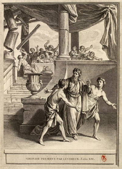 고대 그리스 시인 시모니데스는 널리 알려진 기억술인 ‘장소 기억법’의 창시자로 알려져 있다. 그는 연회장이 무너져 죽은 사람들을 당시 그들이 앉아 있던 장소와 연계해 모두 기억해냈다고 한다. 그림은 18세기 프랑스 화가의 작품. 위키미디어 코먼스