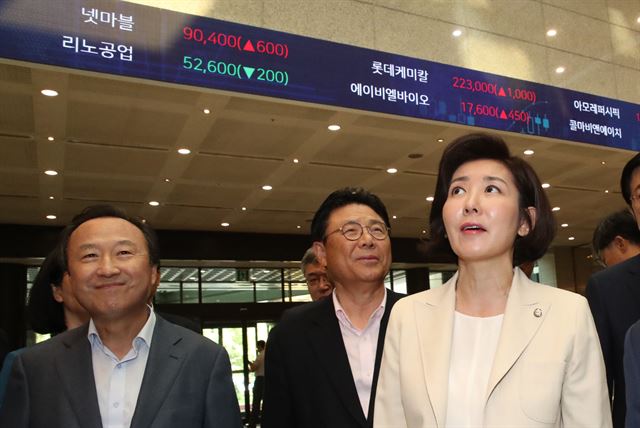 자유한국당 나경원 원내대표가 9일 오전 여의도 한국거래소를 방문, 코스피 지수를 보고 있다. 연합뉴스