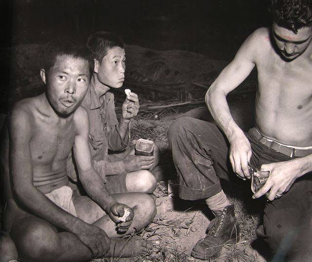 뉴기니 섬에서 미군에 포로로 잡힌 한인 일본군 군속(추정)들이 미군이 제공하는 통조림으로 식사를 하며 주변을 살피고 있다. 1943년 1월 2일. 국사편찬위원회 제공ㆍNARA 소장