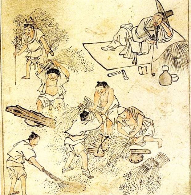 단원 김홍도의 화집 ‘단원풍속도첩’에 있는 ‘타작’. 한경DB