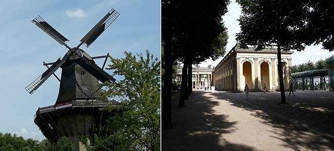 상수시 궁전 아래의 역사적 풍차(좌). 풍차를 지나 완만한 경사를 올라가면 상수시 궁전의 동쪽 날개에 이른다(우).