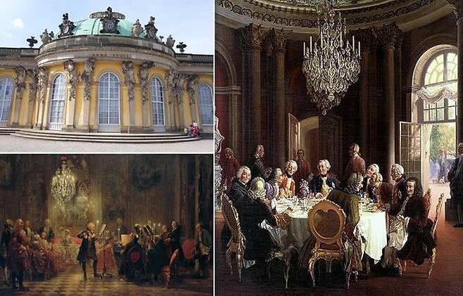 남쪽 테라스에서 바라본 상수시 궁전의 중앙홀 외관(좌상), 아돌프 폰 멘젤(Adolph von Menzel)이 그린 '상수시궁전의 플롯 연주회'는 상수시의 음악실에서 프리드리히 대왕이 플롯을 연주하는 모습을 그렸고(좌하), '회식모임(Die Tafelrunde)'은 대리석홀에서 열린 모임을 그렸다(우). 좌하, 우 사진=Wikipedia