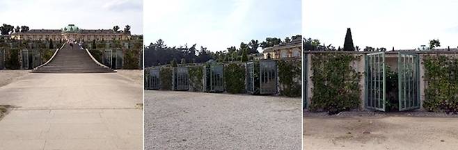 상수시 궁전의 남쪽 언덕을 따라 6단계의 테라스를 만들어 조성한 포도원은 한 마디로 장관이다. 테라스의 끝에는 잔디를 심고 키 작은 나무를 심었다(좌). 언덕을 깎아낸 절개면을 벽돌로 쌓아 옹벽을 만들었고, 옹벽에는 169개의 작은 온실을 만들었다(중). 옹벽에는 현지의 과일나무를 심었고, 온실에는 외국에서 들여온 포도나무를 심었다(우).