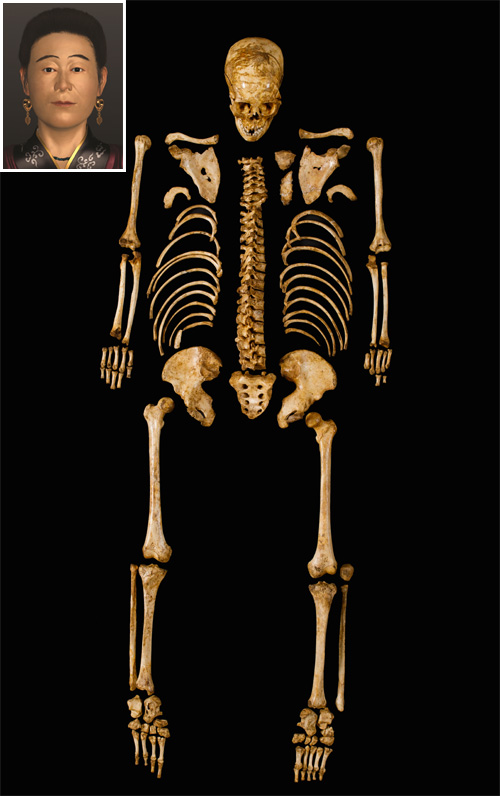 임당동 고분에서 출토된 5세기 압독국 여성의 인골과 이를 바탕으로 복원한 얼굴(작은 사진). 영남대박물관 제공